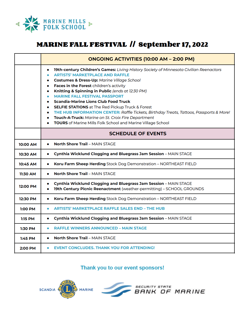 VIsual layout of Marine Fall Festival 2022 schedule of events